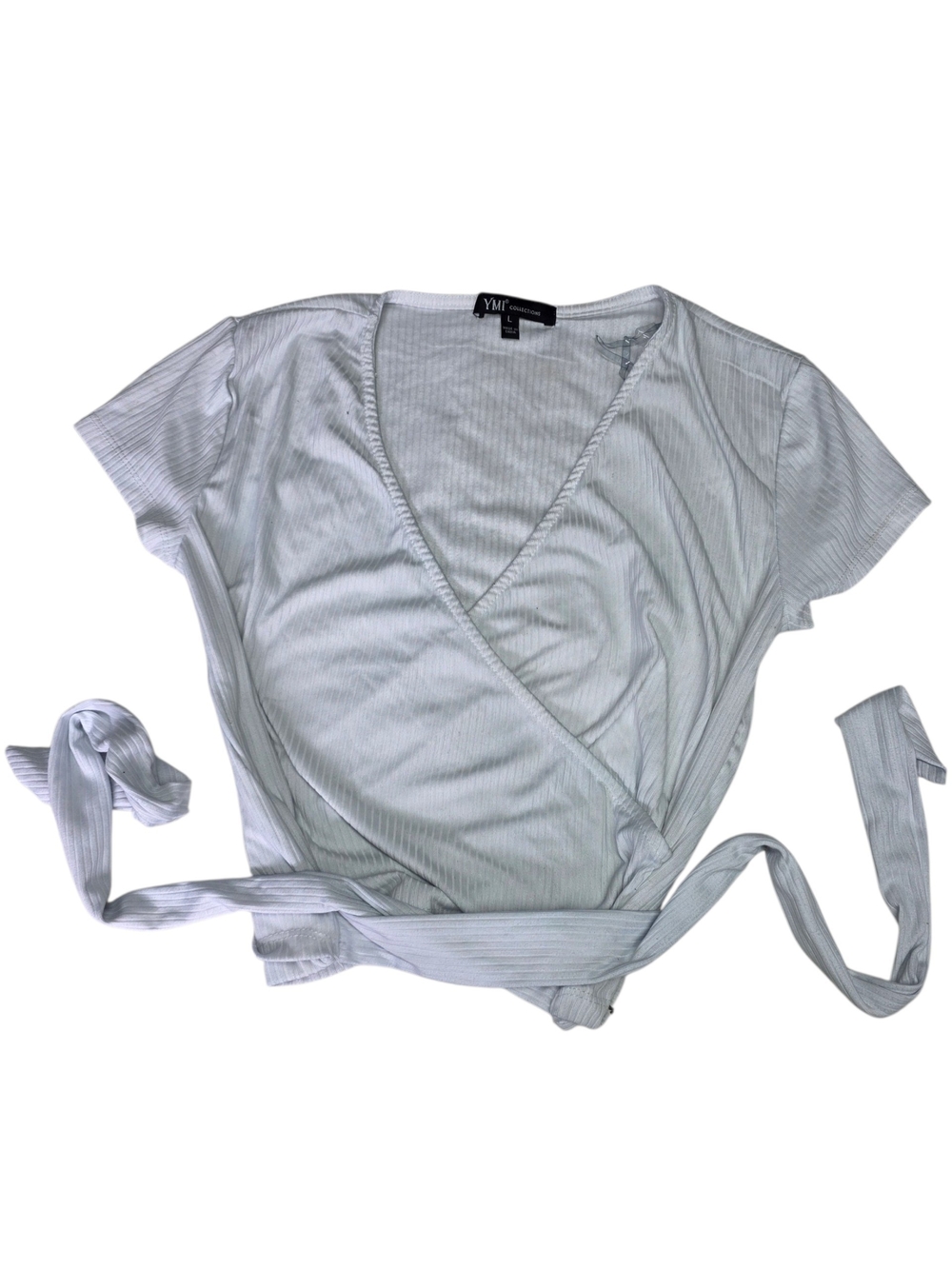 YMI White Ribbed Wrap Crop Top